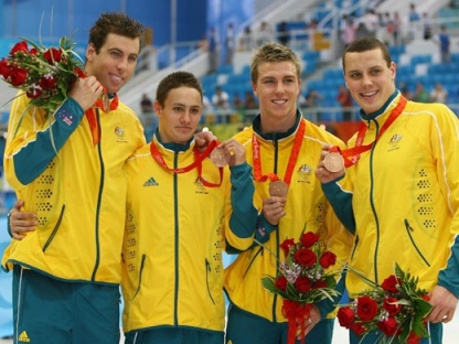 BEIJING - AUGUST 13:  (L-R) Grant Hackett, Nick Ffrost, Grant Brits, Patrick Murphy of Australia pose with the bronze medal during the medal ceremony for the Men's 4 x 200m Freestyle Relay Final at the National Aquatics Centre during Day 5 of the Beijing 2008 Olympic Games on August 13, 2008 in Beijing, China.  The United States won the race in a time of 6:58.56, a new World Record.  (Photo by Ada