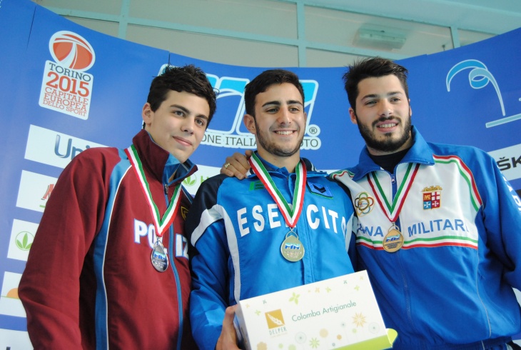 Il podio della gara dal trampolino di 1m: Chiarabini (argento), Tocci (oro) e Rinaldi (bronzo)