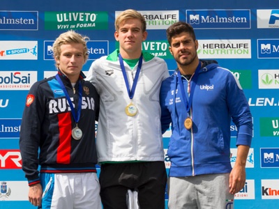 Men Podium (L to R)  Mamushkin Artem RUS Silver medal, Rasovszky Kristof HUN Gold Medal, Verani Dario ITA Bronze Medal 