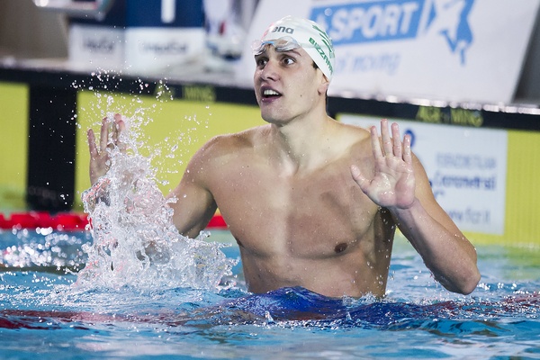 L'esultanza di Flavio Bizzarri al termine dei 200 rana: da oggi è l'italiano più veloce ad aver nuotato in tessuto la distanza
