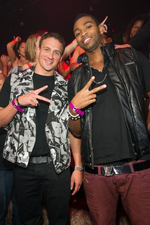 Olympic gold medalist, Ryan Lochte, celebrates with Cullen Jones,  also a Team USA gold medalist, at TAO Nightclub Las Vegas, NV, August 16, 2012  ?? Al Powers, PowersImagery.com